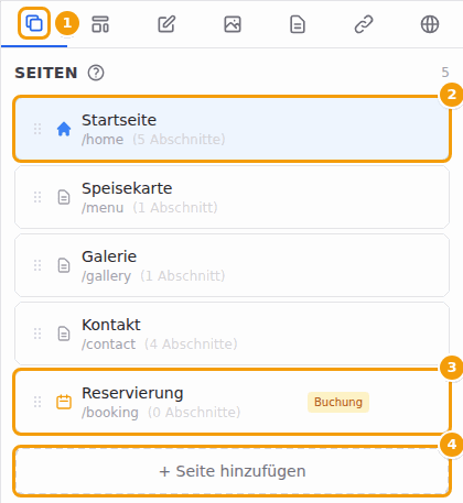 Der Tab Seiten (1), die Startseite (2), eine Buchungsseite (3) und Seite hinzufügen (4)