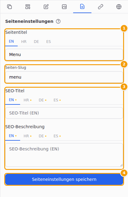 Seitentitel (1), Seiten-Slug (2), die Suchmaschinen-Texte (3) und Seiteneinstellungen speichern (4)