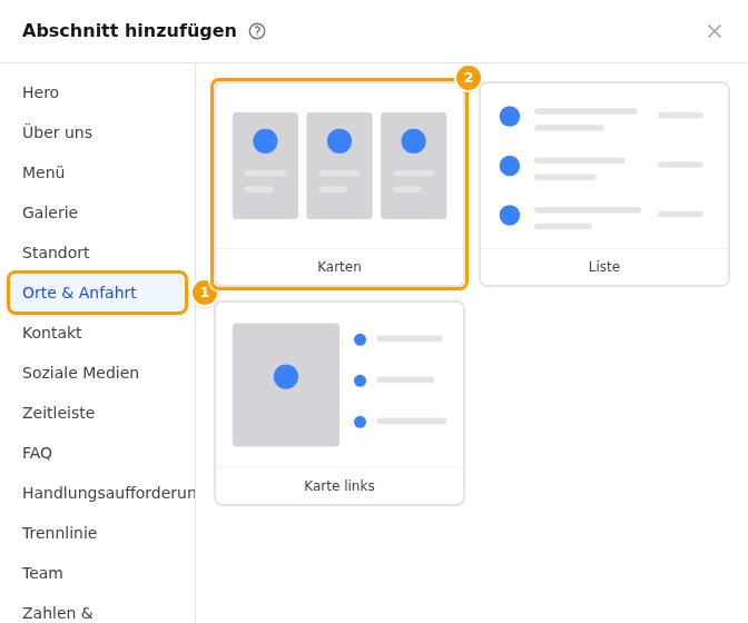 Abschnitt hinzufügen: Orte & Anfahrt (1) und seine drei Designs (2)