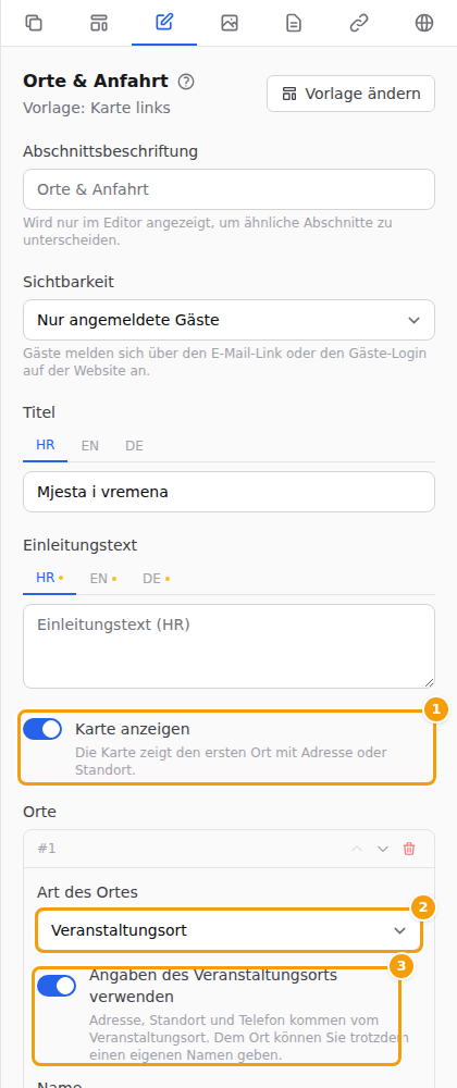 Der Editor von Orte & Anfahrt: Karte anzeigen (1), Art des Ortes (2) und Angaben des Veranstaltungsorts verwenden (3)