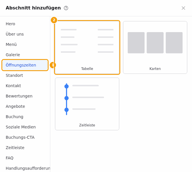 Die Art des Abschnitts wählen (1), dann ein Design anklicken (2)