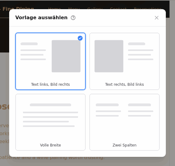 Vorlage auswählen: Das aktuelle Layout hat ein blaues Häkchen