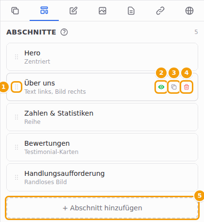 Die Abschnittsliste: Griff zum Ziehen (1), ein- oder ausblenden (2), duplizieren (3), löschen (4) und Abschnitt hinzufügen (5)