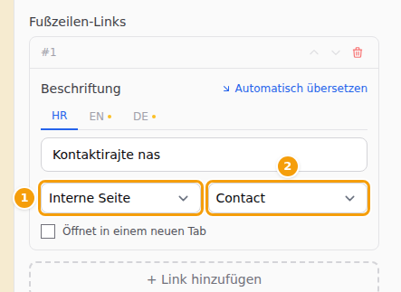 Ein Fußzeilen-Link zu Ihrer eigenen Kontaktseite: Interne Seite (1) und die Seite (2)
