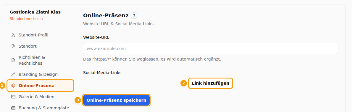 Online-Präsenz (1), Zu Social Media Links hinzufügen (2) und Online-Präsenz speichern (3) in der Standort-Einrichtung