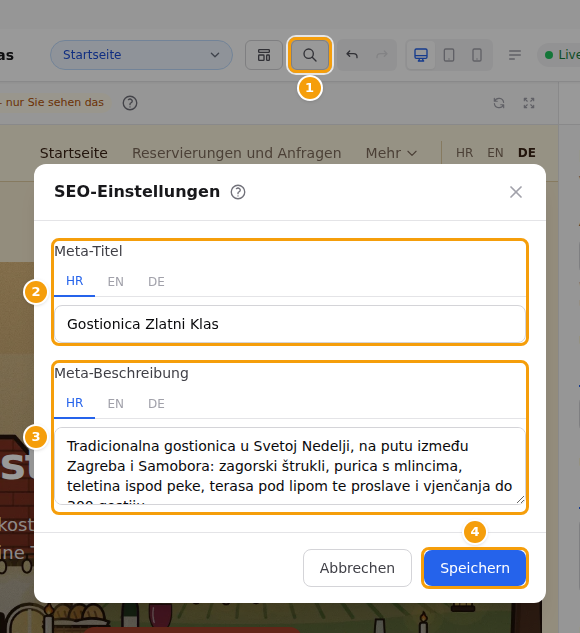 SEO-Einstellungen (1): Meta-Titel (2), Meta-Beschreibung (3) und Speichern (4)