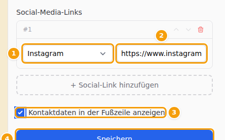 Das Netzwerk (1), seine Adresse (2), Kontaktdaten in der Fußzeile anzeigen (3) und Speichern (4)
