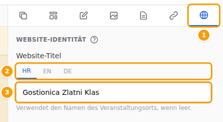 Der Tab Website (1), die Sprach-Tabs (2) und der Website-Titel (3)