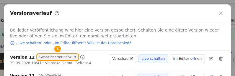 Ein gespeicherter Entwurf (1) im Versionsverlauf
