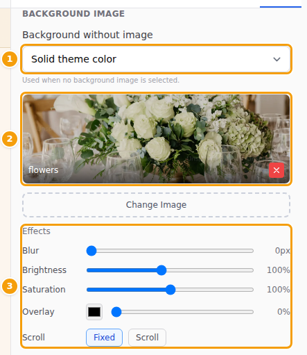 Background without image (1), your background photo (2) and its effects (3)