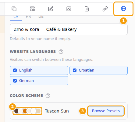 The Site tab (1), your colours (2) and Browse Presets (3)