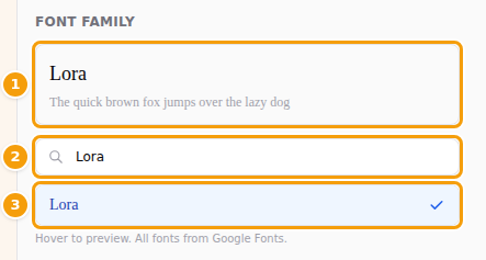 Your font (1), the search box (2) and the chosen font in the list (3)