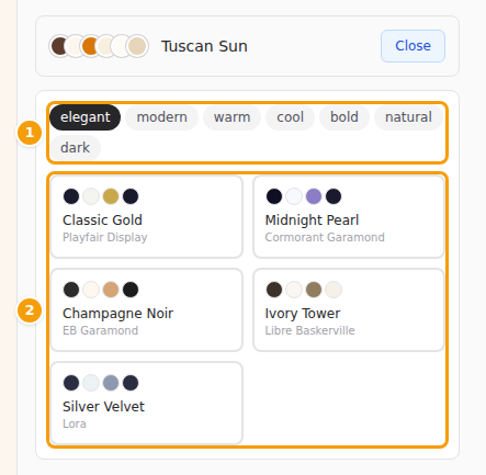 Choose a style (1), then a colour scheme (2)