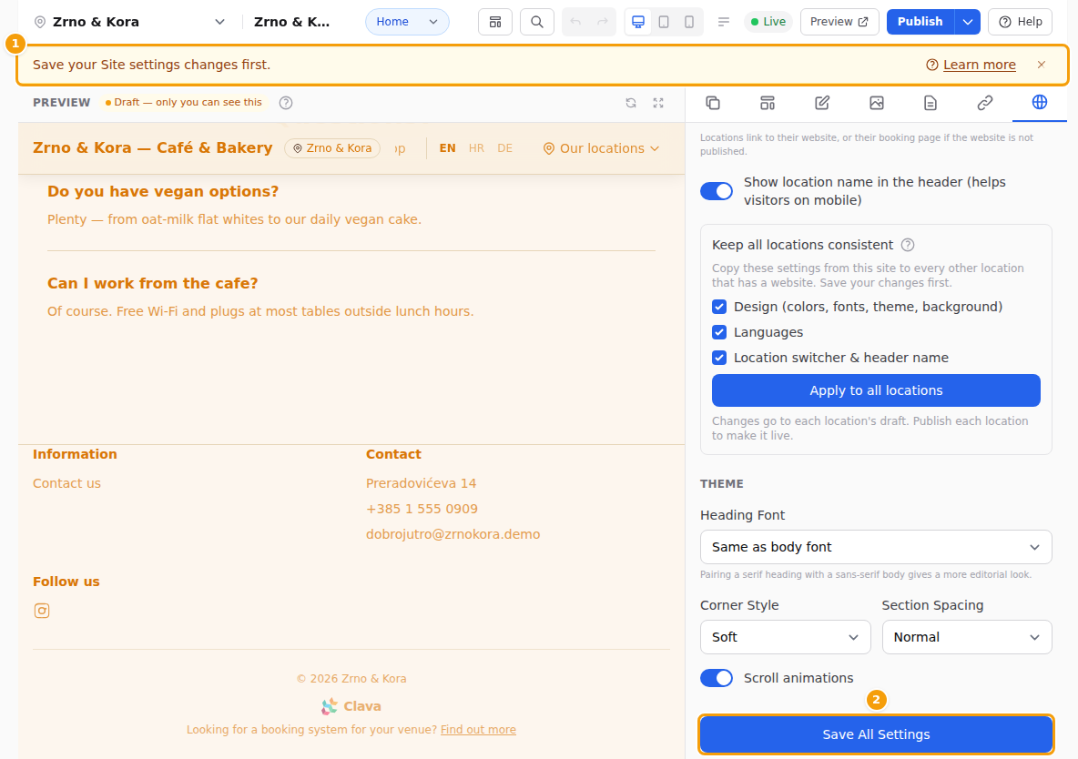 The reminder (1) and Save All Settings (2)
