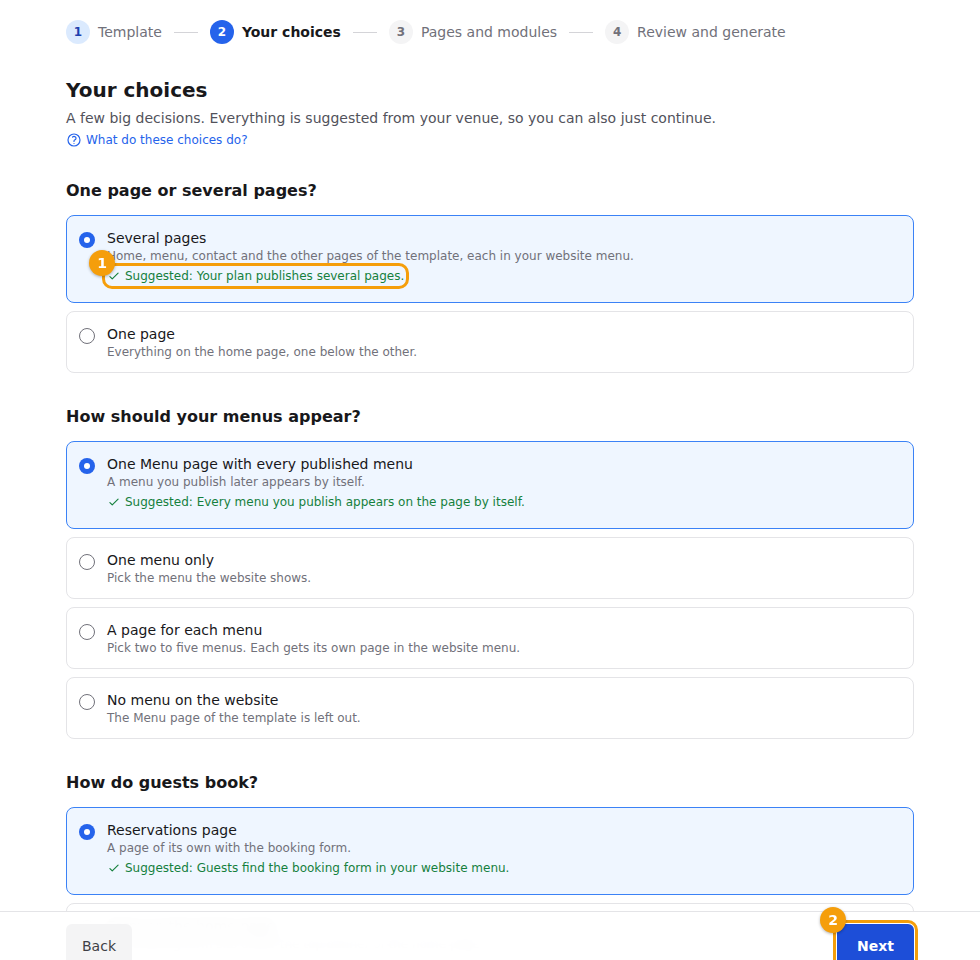 A choice with its suggested answer (1) and Next (2)