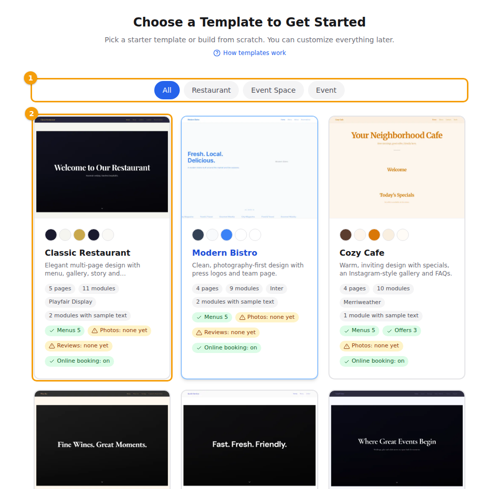 Filter the templates (1) and click the one you like (2)