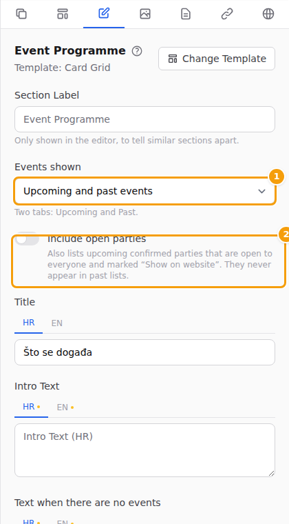 The Event Programme editor: Events shown (1) and Include open parties (2)