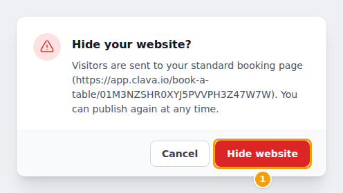 Hide your website? — Visitors are sent to your standard booking page (its address is shown). You can publish again at any time.
