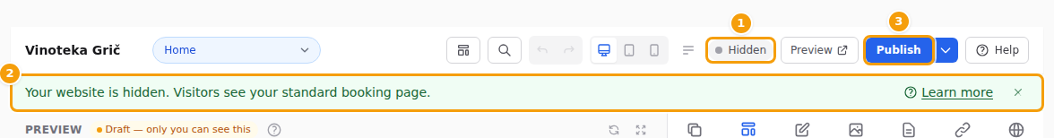 The Hidden label (1), the message (2) and the Publish button (3)