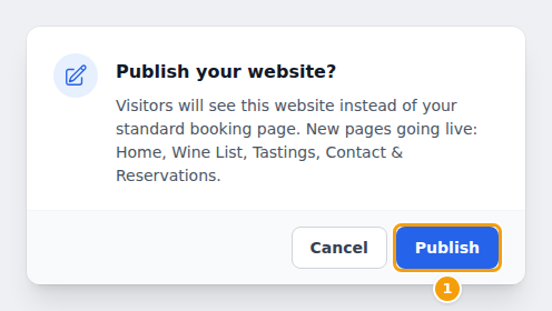 Publish your website? — Visitors will see this website instead of your standard booking page.