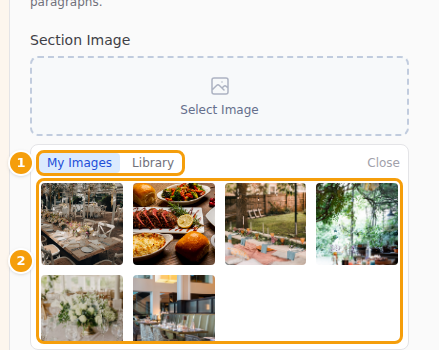 My Images or Library (1), then click a photo (2)