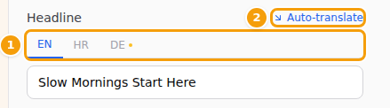 The language tabs of a text (1) and Auto-translate (2)
