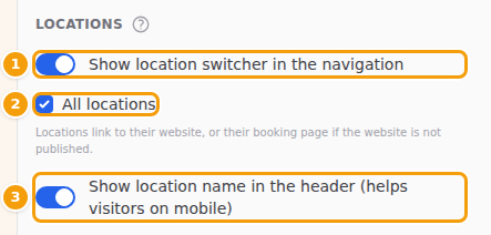Show location switcher in the navigation (1), All locations (2) and Show location name in the header (3)