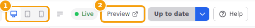 The screen size buttons (1) and the Preview button (2)