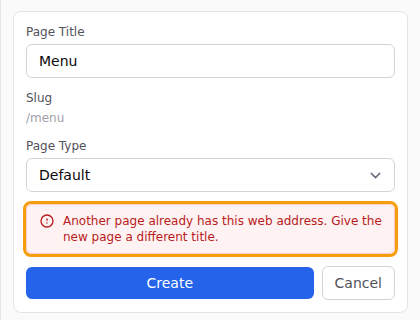 A red message explains why the page could not be added