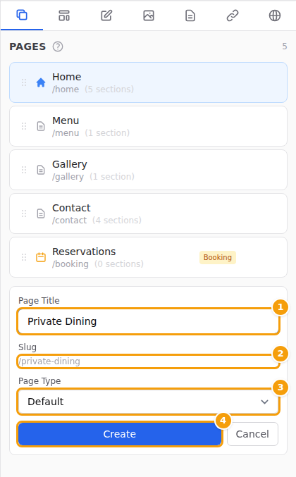 Page Title (1), the web address (2), Page Type (3) and Create (4)