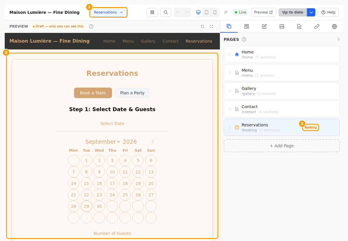A Booking page: chosen at the top of the editor (1), the booking form in the preview (2), and its Booking label in the page list (3)