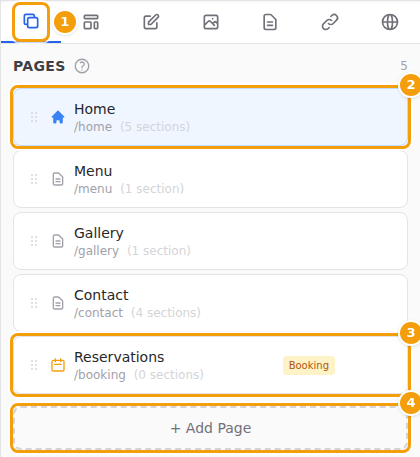 The Pages tab (1), the home page (2), a Booking page (3) and Add Page (4)