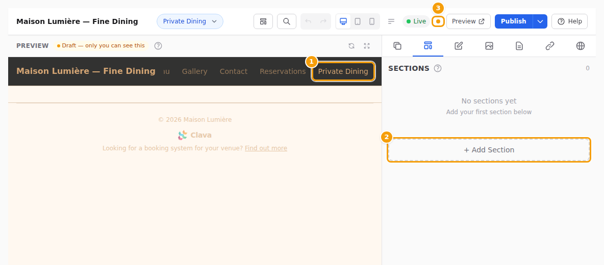 The new page in the menu bar of the preview (1), Add Section (2), and the orange dot (3): not published yet