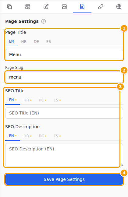 Page Title (1), Page Slug (2), the search engine texts (3) and Save Page Settings (4)