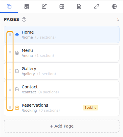 Drag a page by its dotted handle