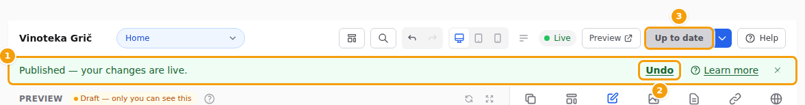 The green message (1) with Undo (2), and the Up to date button (3)