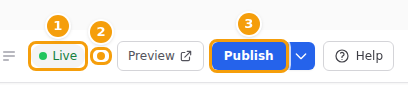 The orange dot (2) and the blue Publish button (3): your changes are not online yet