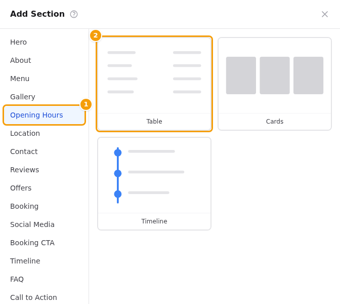 Choose the kind of section (1), then click a design (2)