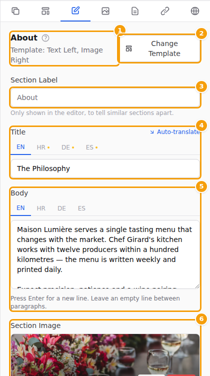 The section editor: the kind of section and its layout (1), Change Template (2), Section Label (3), a text with language tabs (4), a longer text (5) and the photo (6)