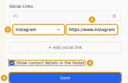 The network (1), its address (2), Show contact details in the footer (3) and Save (4)