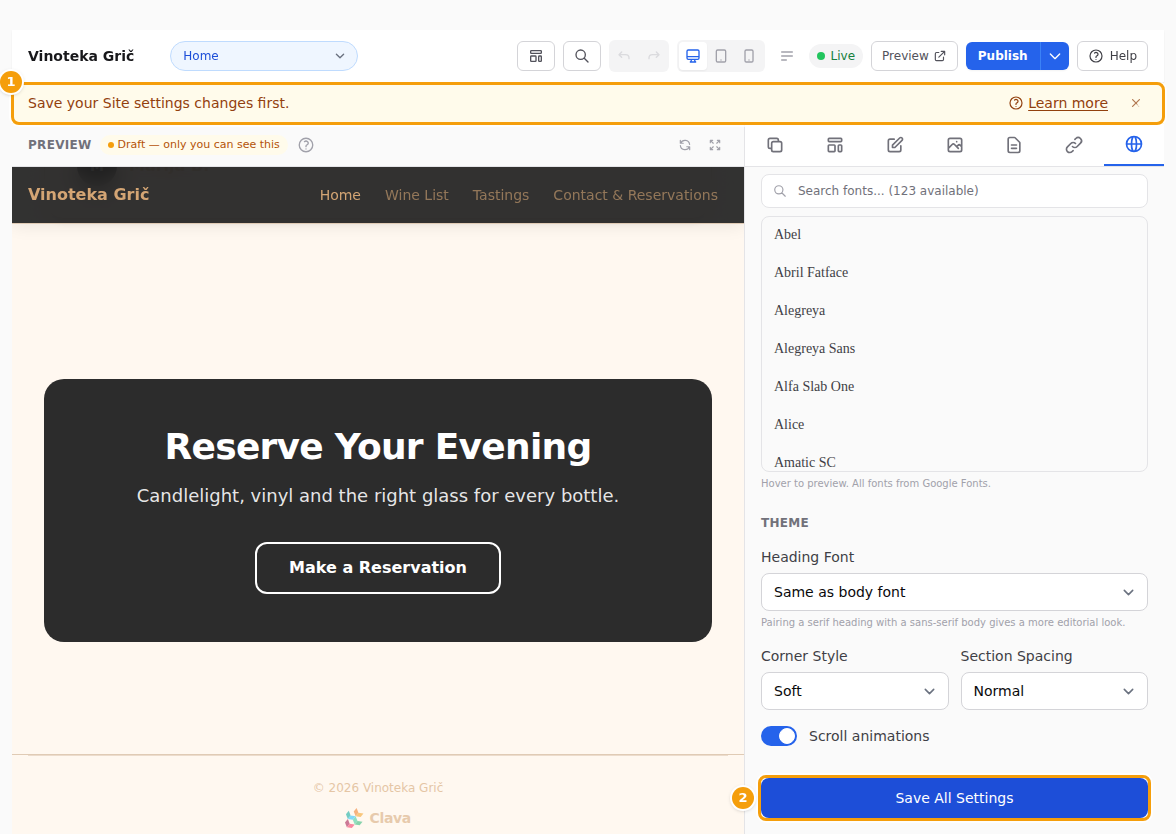 Save your Site settings changes first. (1) — click Save All Settings (2), then Publish