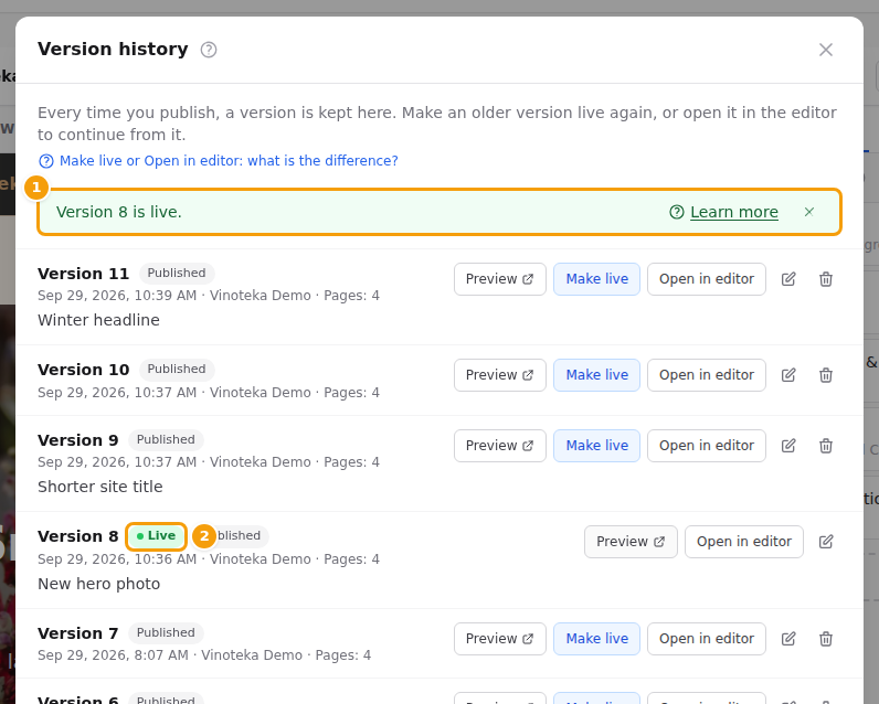 Version 8 is live (1), and the Live label has moved to version 8 (2)