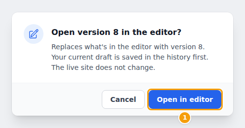 Open version 8 in the editor? — Your current draft is saved in the history first. The live site does not change.