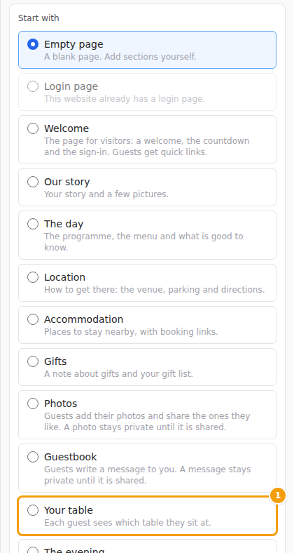 In the Add Page form, choose Your table (1)