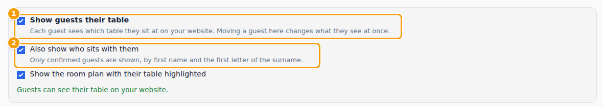 In the Seating Planner: Show guests their table (1) and Also show who sits with them (2)