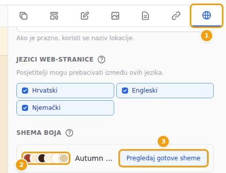 Kartica Stranica (1), vaše boje (2) i Pregledaj gotove sheme (3)