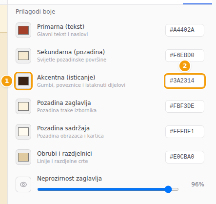 Kvadratić boje (1) i kod boje (2) za akcentnu boju