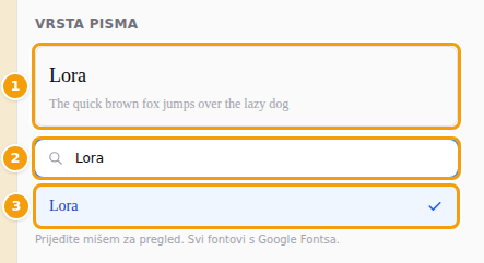 Vaš font (1), polje za pretraživanje (2) i odabrani font na popisu (3)