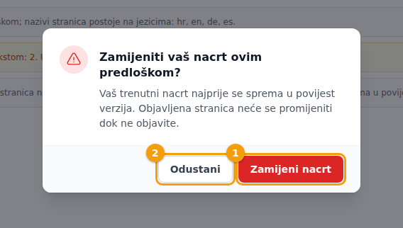 Zamijeni nacrt (1) ili Odustani (2)