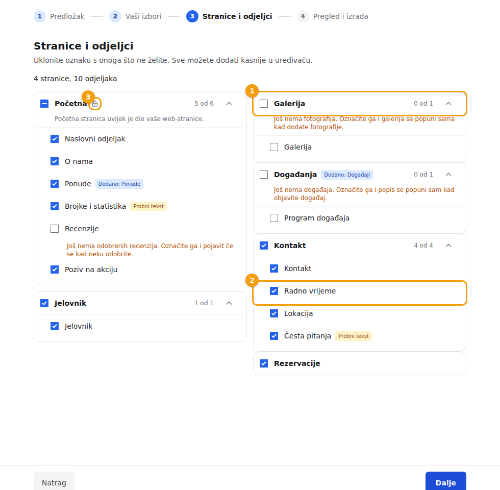 Stranice (1), odjeljci (2) i zaključani redak (3)